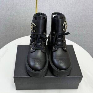 CHANEL Black Leather Ankle Boots